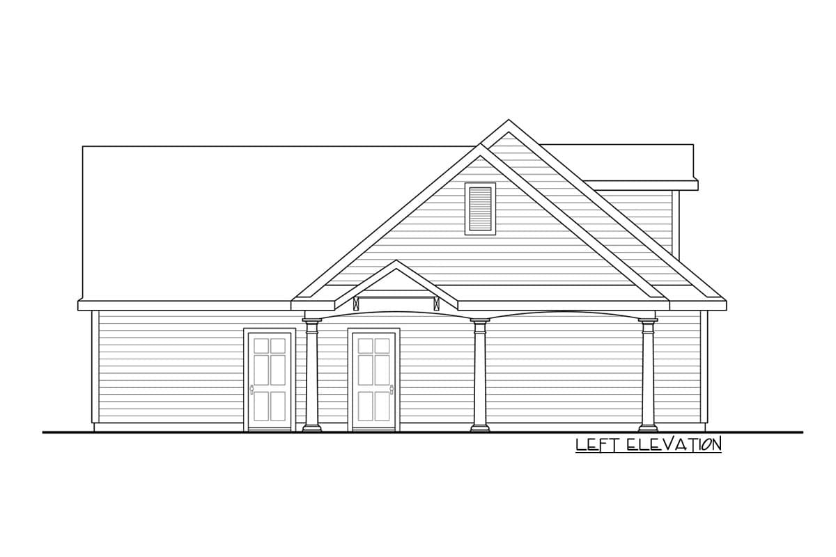 Left elevation house plan featuring two doors, a covered porch with columns, and a gable roof with a dormer.