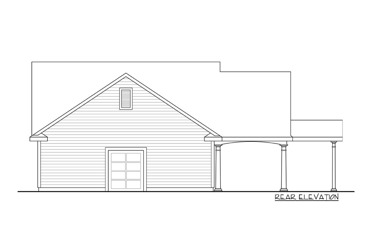 Rear elevation drawing of a house plan featuring a gabled roof, garage door, dormer window, and covered porch with columns.