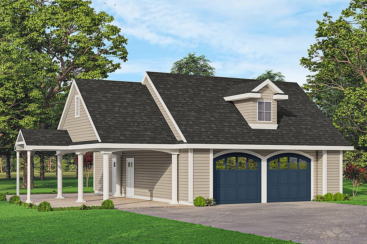 House plan exterior. Two-story with gables and dormer. Features include a covered porch with columns and arched garage doors.