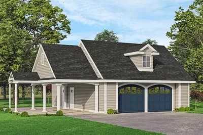 Traditional 2-Car Garage Design with Carport on the Side