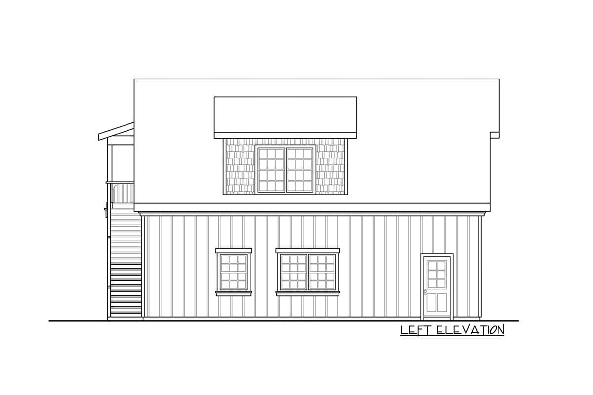 Left elevation drawing of a two-story house plan with vertical siding, a dormer with divided-light windows, and a side staircase.