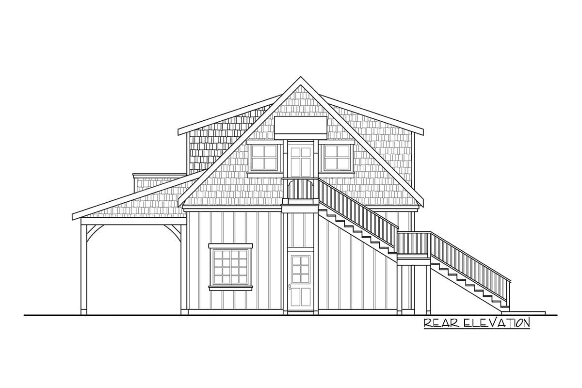 Rear elevation drawing of a two-story house with shingle siding, vertical siding, a covered carport, and an exterior staircase to an upper-level deck.
