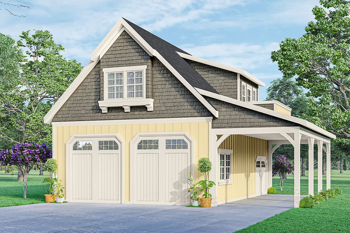 House plan exterior. Two-story structure with gable roof, dormer, and attached carport. Includes two garage bays with paneled doors.