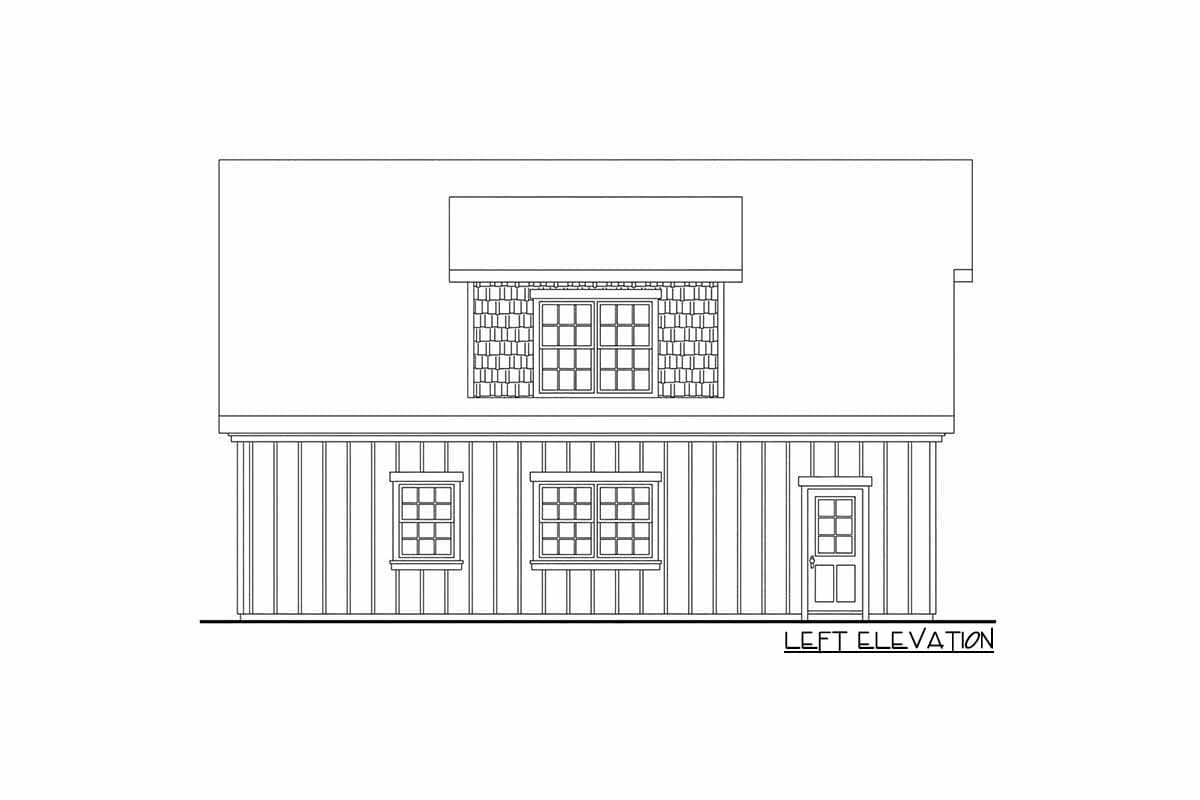 Left elevation drawing of a house plan with vertical siding, two windows, a door, and a dormer window.