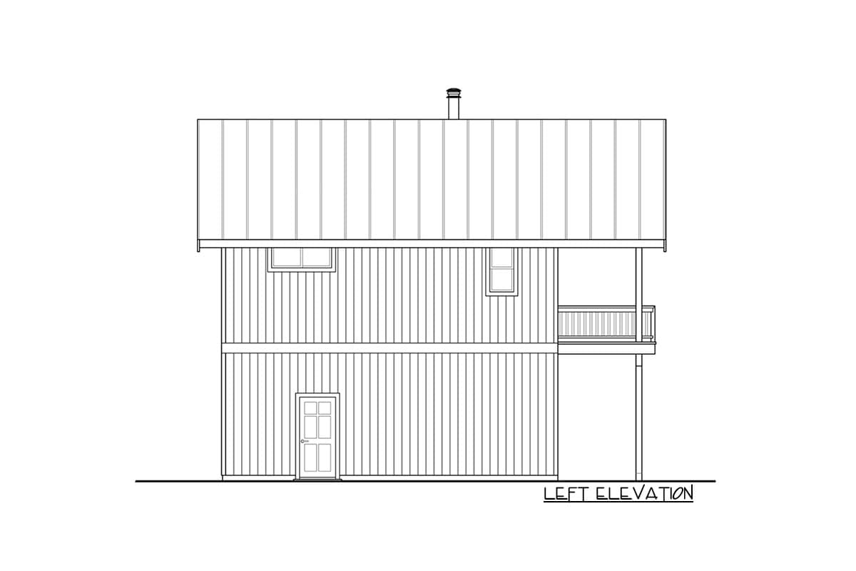 Left elevation drawing of a two-story house plan with vertical siding, a metal roof, a door, two windows, and a balcony.