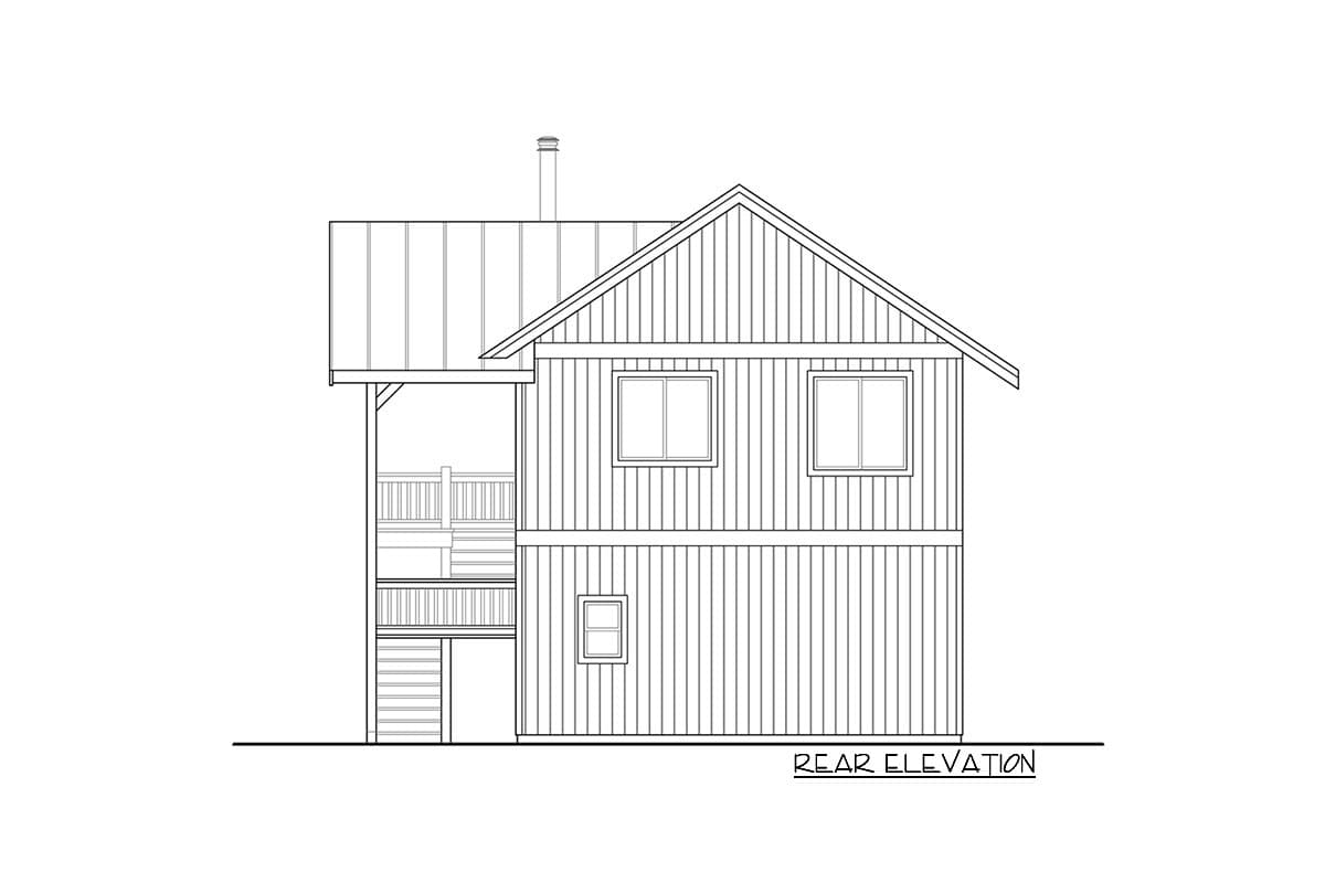 Rear elevation drawing of a two-story house plan with vertical siding, a metal roof, gabled dormer, and an attached deck with stairs.