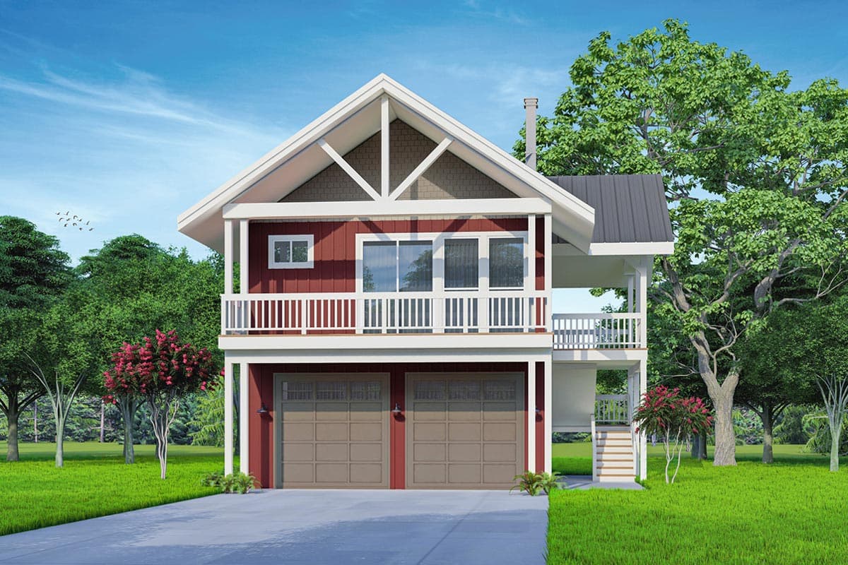 House plan exterior with two stories and gable roof. Features include a balcony, two-car garage, and porch. Architectural style appears modern.