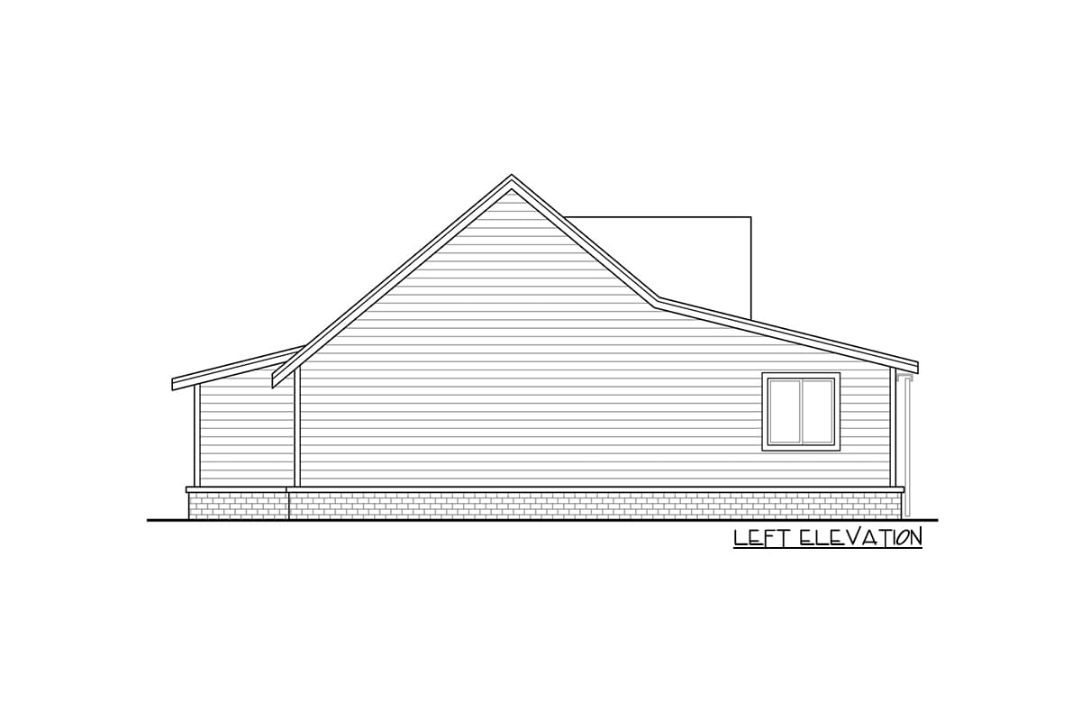 Left elevation drawing of a house plan showing a steeply pitched gable roof, a shed roof over a porch, and horizontal siding.