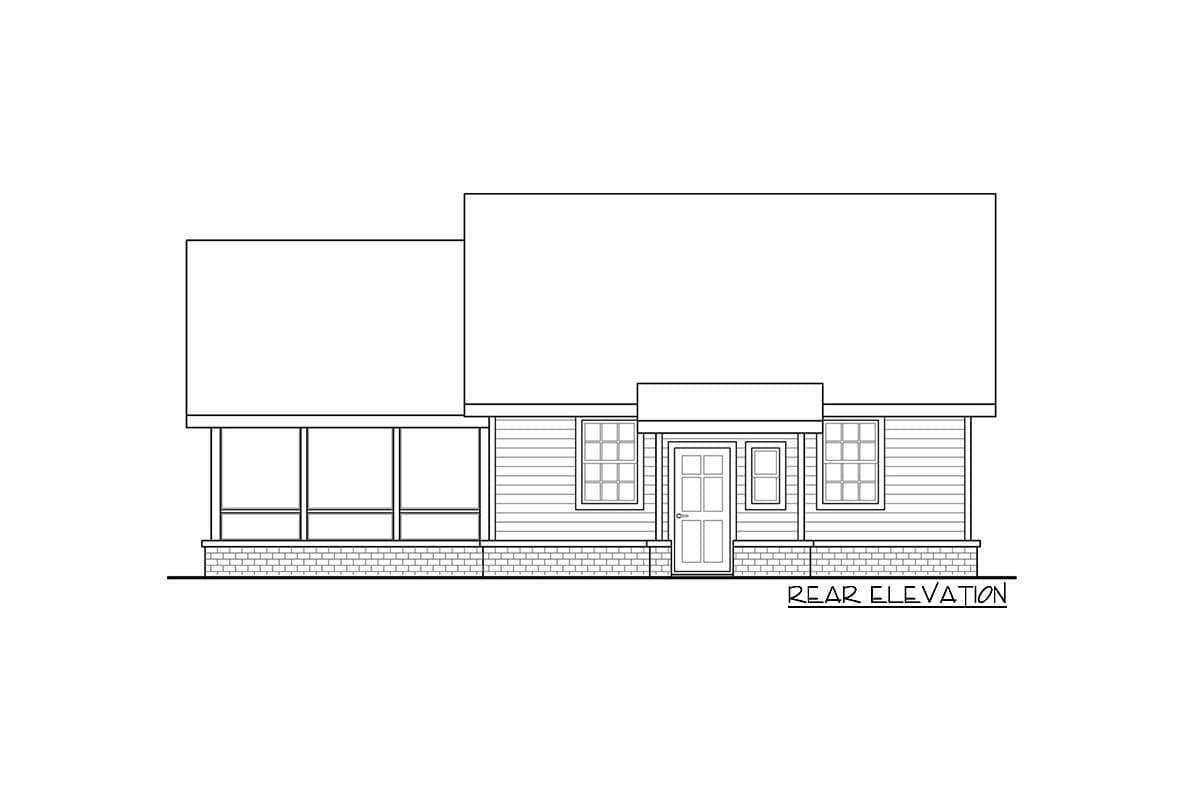 Rear elevation drawing of a one-story house with a screened porch, double front door, and multiple windows.