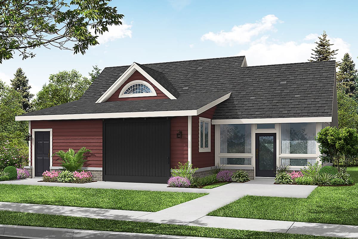 House plan exterior with Craftsman-style elements. Features include a gabled roof, arched window, and garage with overhead door. One story.