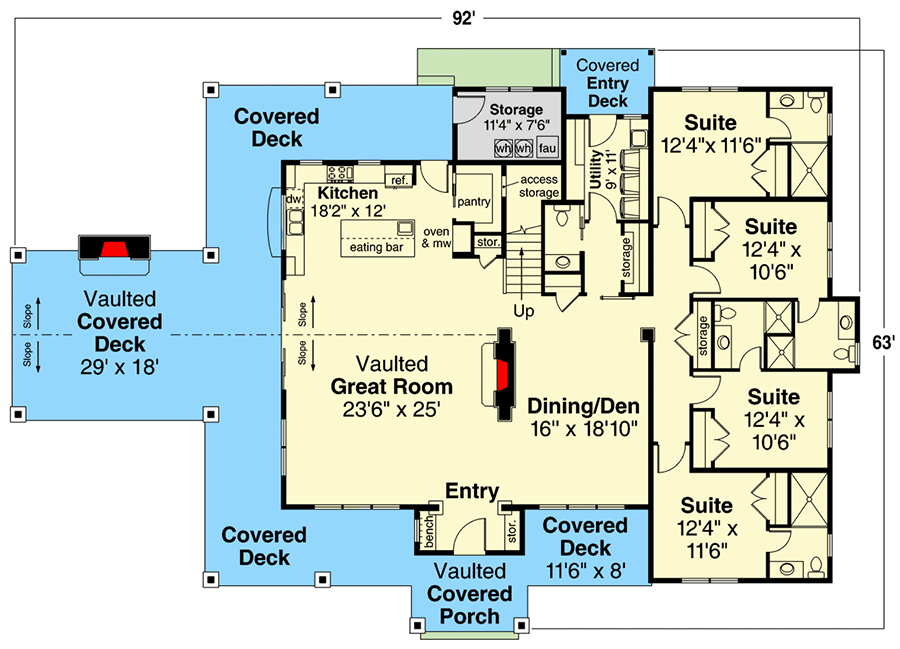 Plan 720062DA: Country Lodge with Wraparound Porch and an Upstairs Bunk and Rec Room - Floor Plan - Main Level - Country, Farmhouse, Mountain, New American, Rustic