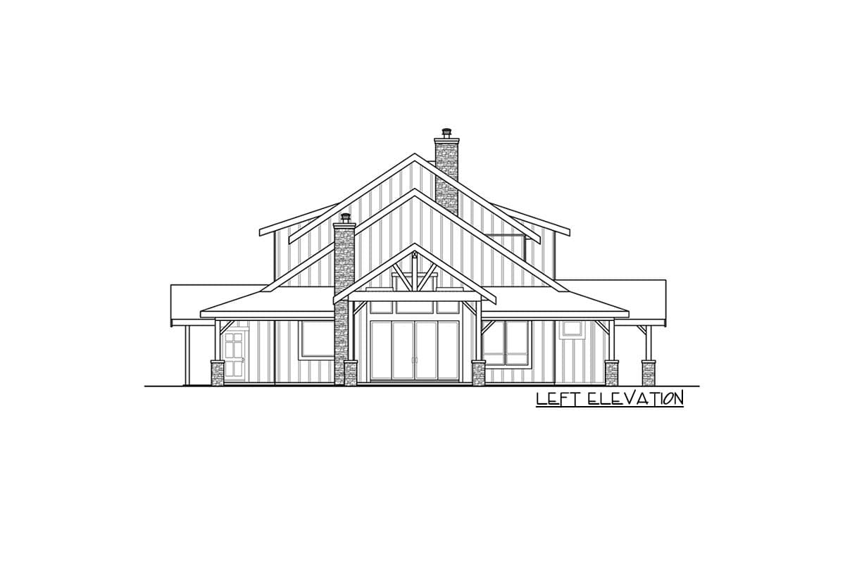 Left elevation drawing of a Modern Farmhouse style house plan with stone chimneys, a covered porch, and a gable roof.