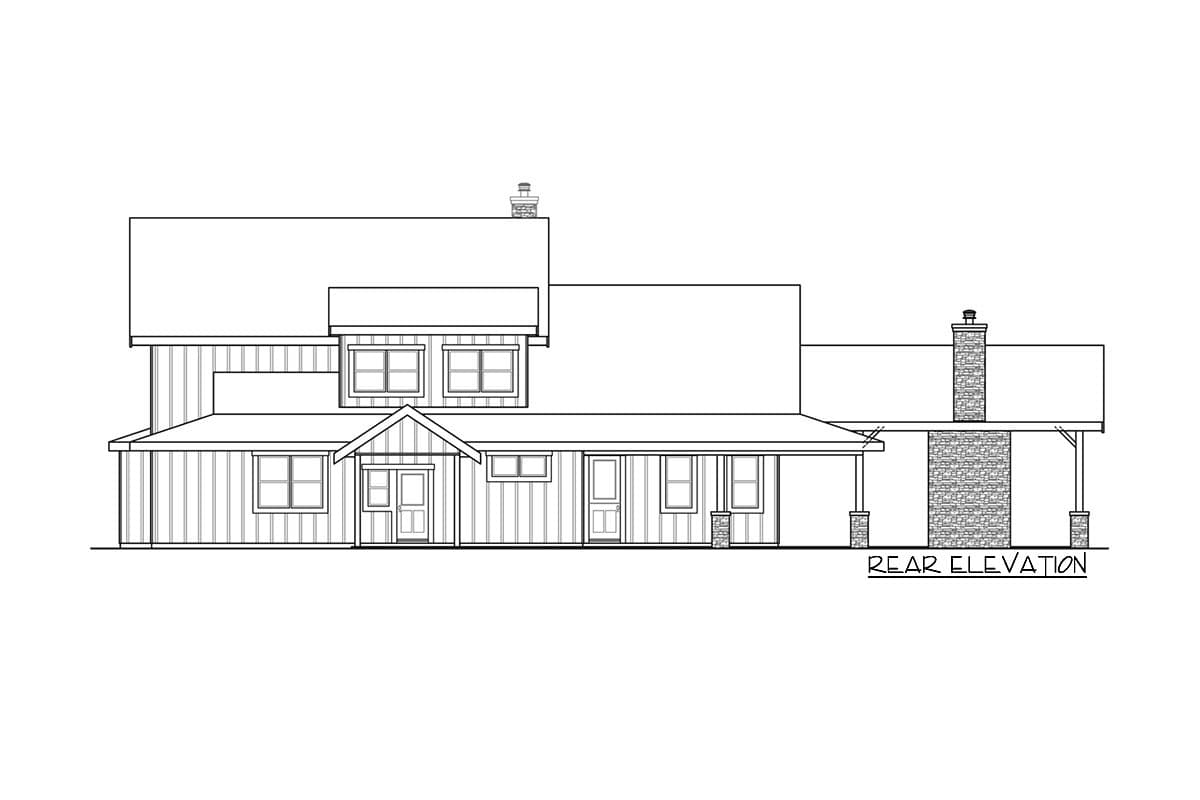 Rear elevation drawing of a two-story house plan with a gabled entrance, covered porch, and stone chimney.