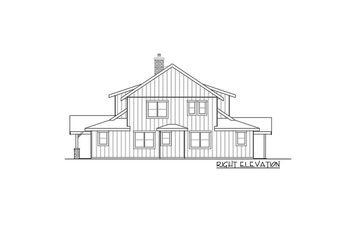 House plan right elevation drawing showing a two-story house with a gabled roof, chimney, and covered porch.