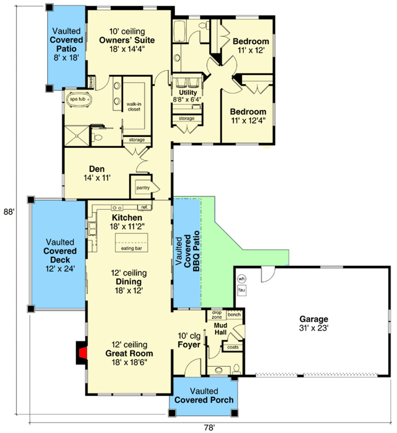 Plan 720064DA: Modern U-shaped House Plan with Den and Open-Concept Living Space  - Floor Plan - Main Level - Contemporary, Modern, Northwest