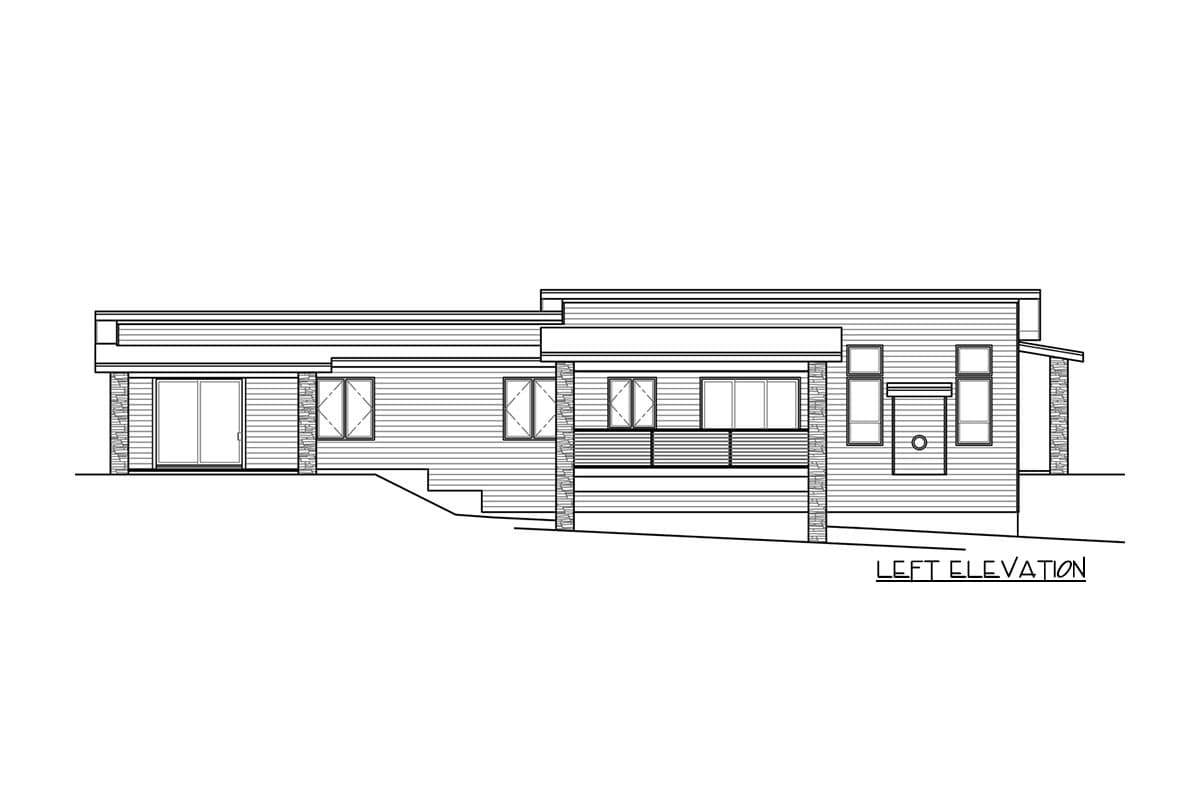 House plan left elevation showing a single-story modern design with horizontal siding, stone accents, and varied window arrangements.