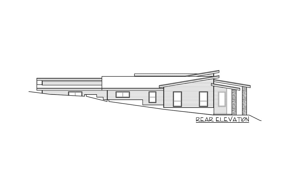 Rear elevation drawing of a single-story house with a sloped roof, horizontal siding, and stacked stone accents.