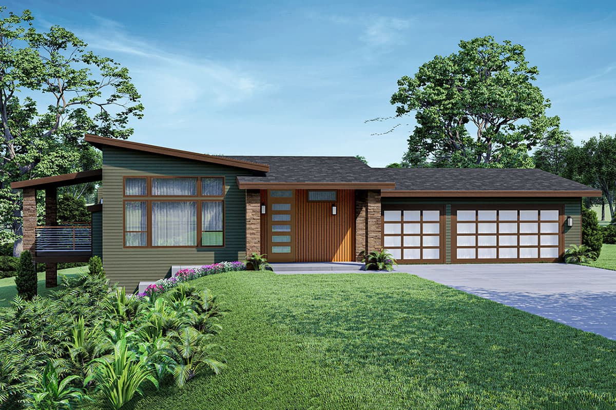 House plan exterior. Modern style, single story. Features include an asymmetrical roofline, a covered porch, and a two-car garage.