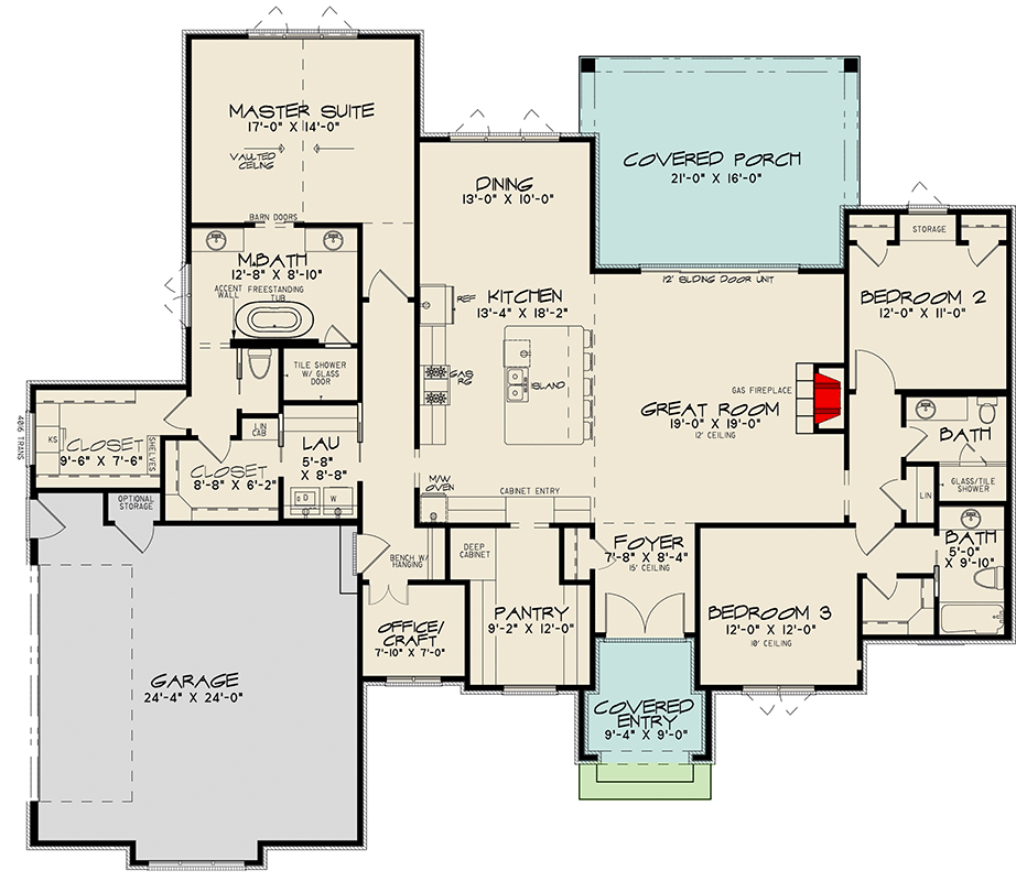 Plan 70814SND: One-Story Transitional House Plan with Modern Elegance Laundry Access from the Master Suite - 2370 S - Floor Plan - Main Level - Contemporary, European, Ranch, Southern, Transitional