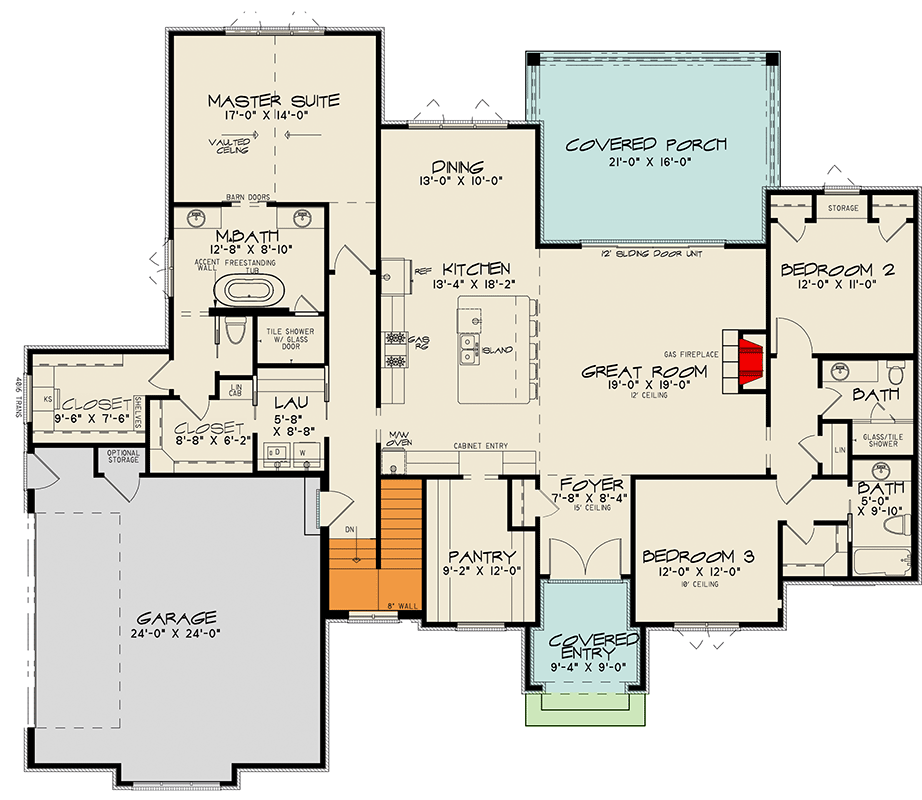 Plan 70814SND: One-Story Transitional House Plan with Modern Elegance Laundry Access from the Master Suite - 2370 S - Floor Plan - Basement Version - Contemporary, European, Ranch, Southern, Transitional