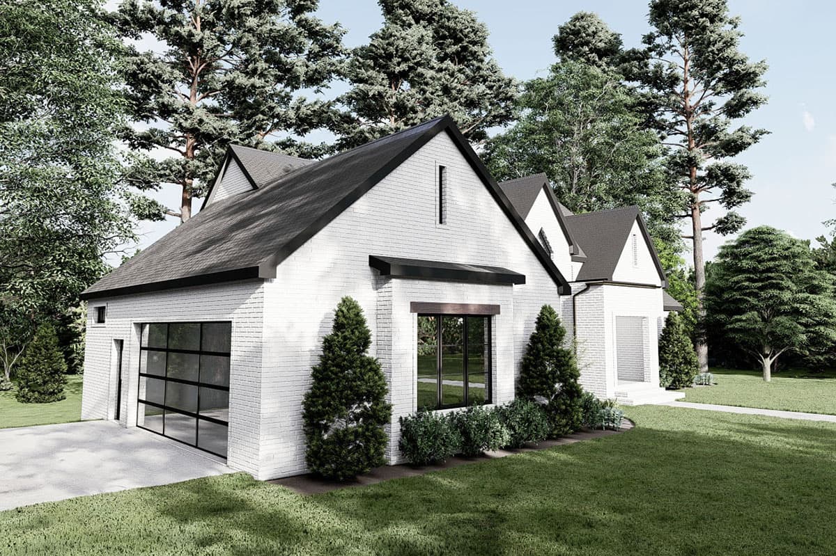 House plan exterior with white brick, a black roof, gabled dormers, and a modern garage door with glass panels.