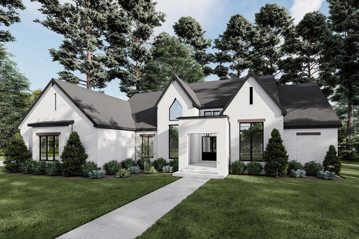 House plan exterior: Modern style, white brick, dark-trimmed windows, gabled rooflines, covered entryway.