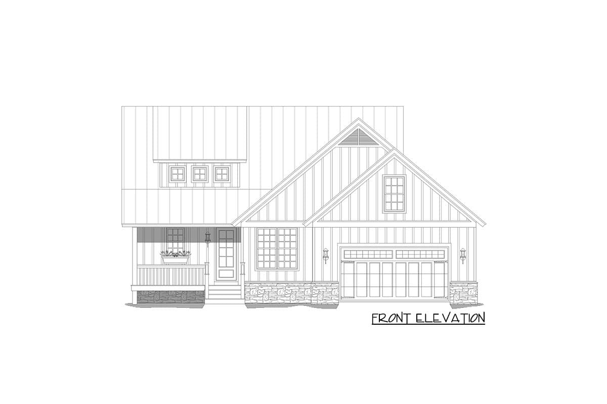 Front elevation house plan with gabled rooflines, stone accents, porch, and two-car garage.