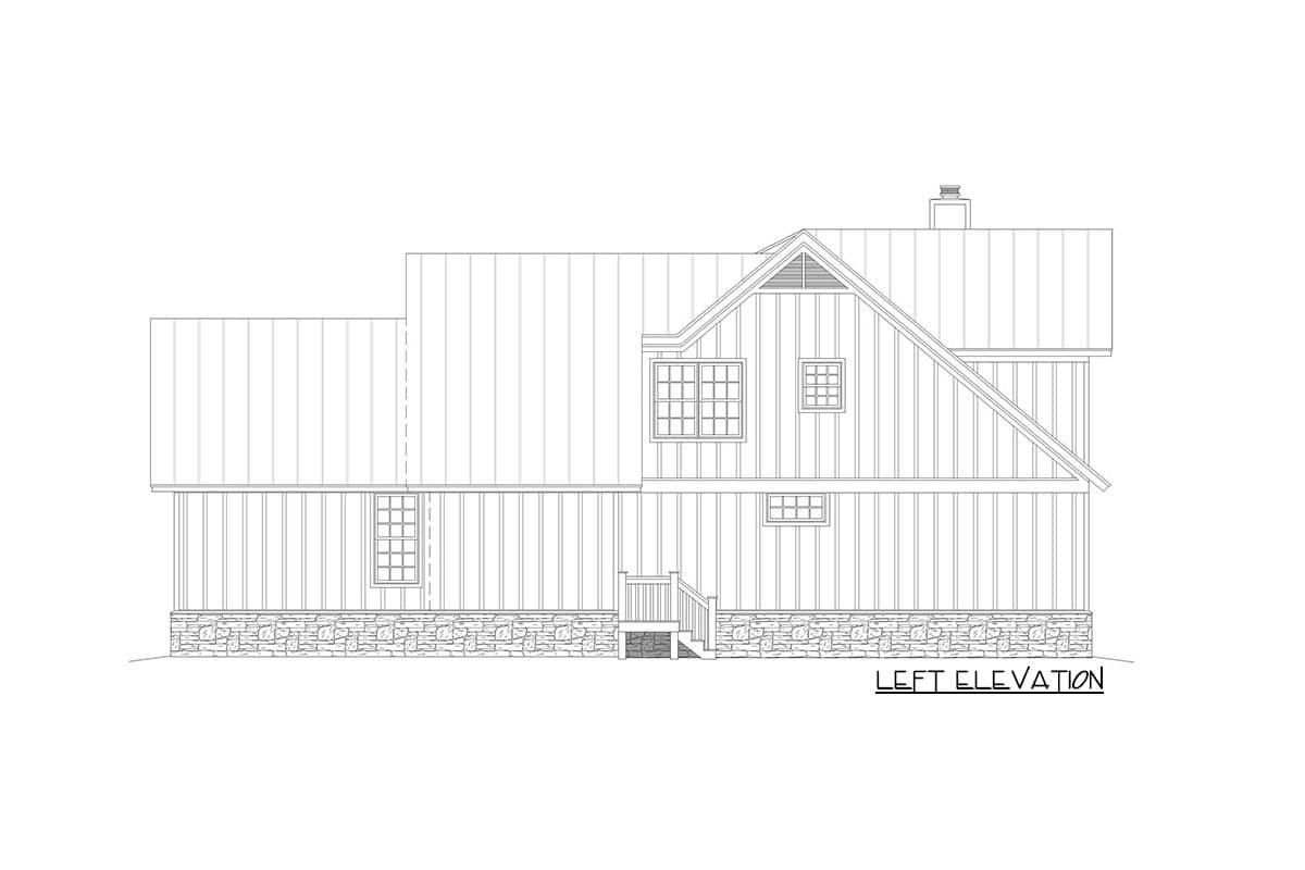 Left elevation house plan drawing with vertical siding, stone foundation, gable dormer, and metal rooflines.