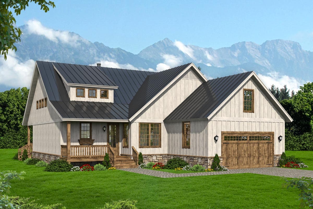 House plan exterior. Modern Farmhouse style with gabled roof, front porch, and dormer windows. One-story with attached garage.