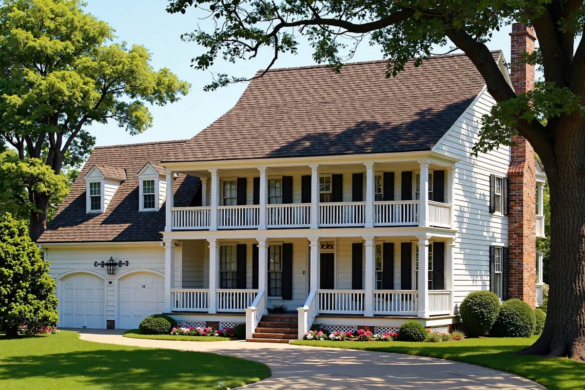 A two-story white house with a wrap-around porch and black shutters sits among lush greenery and a curving driveway.