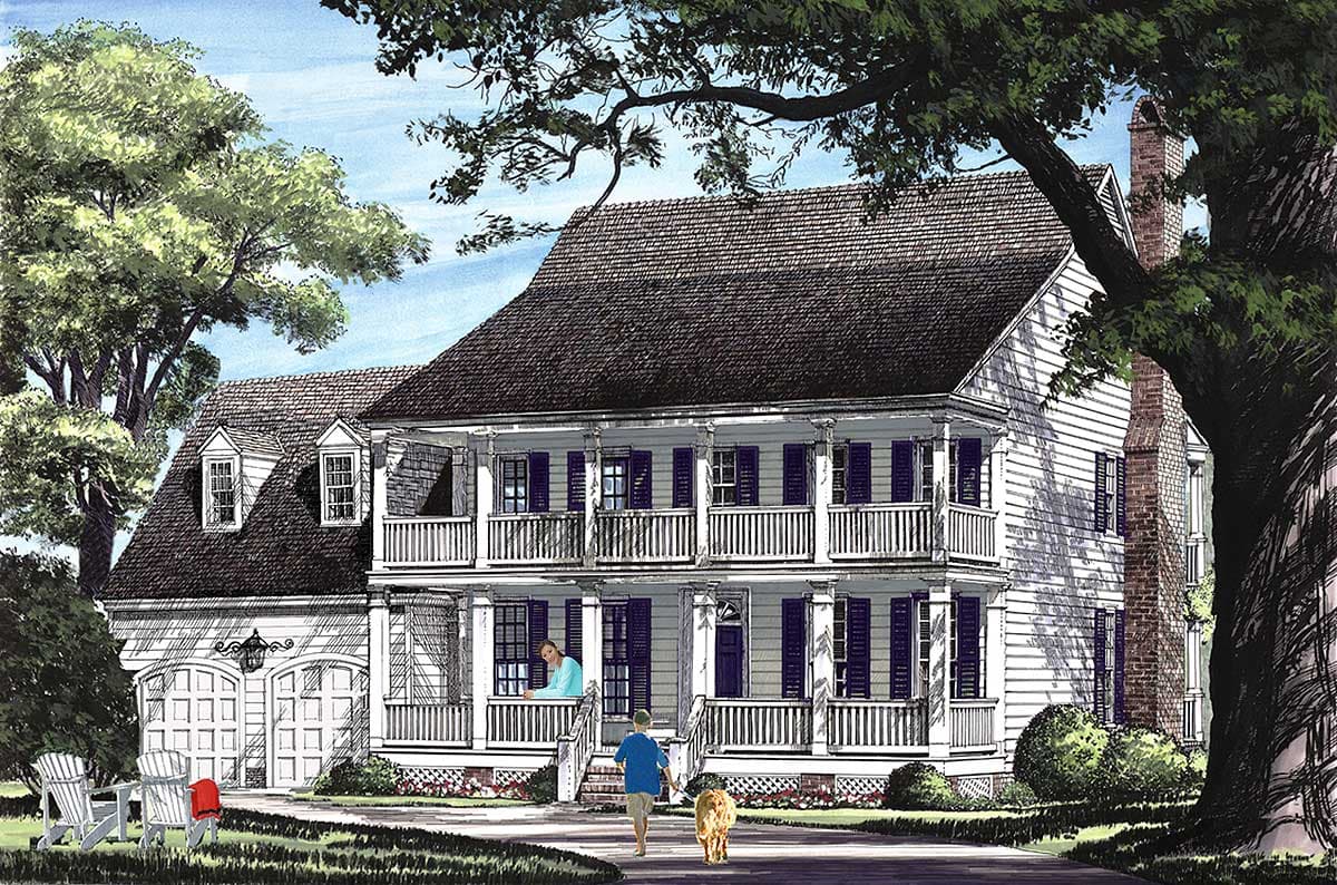 House plan exterior: two-story home with double porches, dormers, and a side-entry garage.