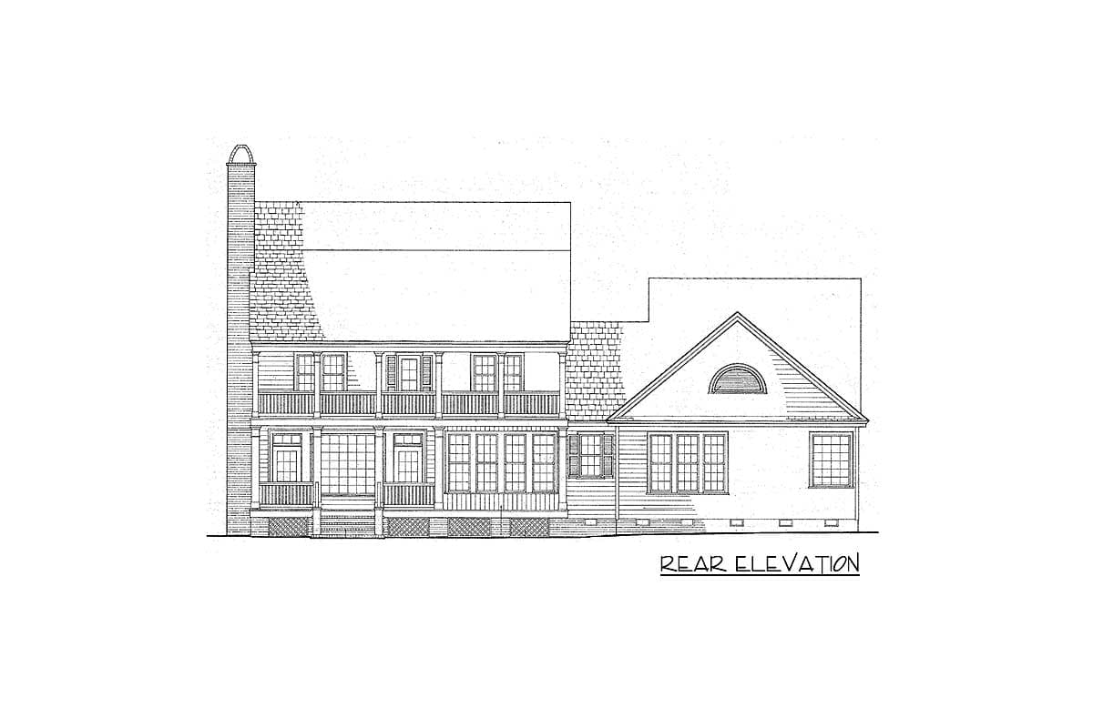 Rear elevation drawing of a two-story house with a large chimney, a second-story balcony, and a gabled dormer.