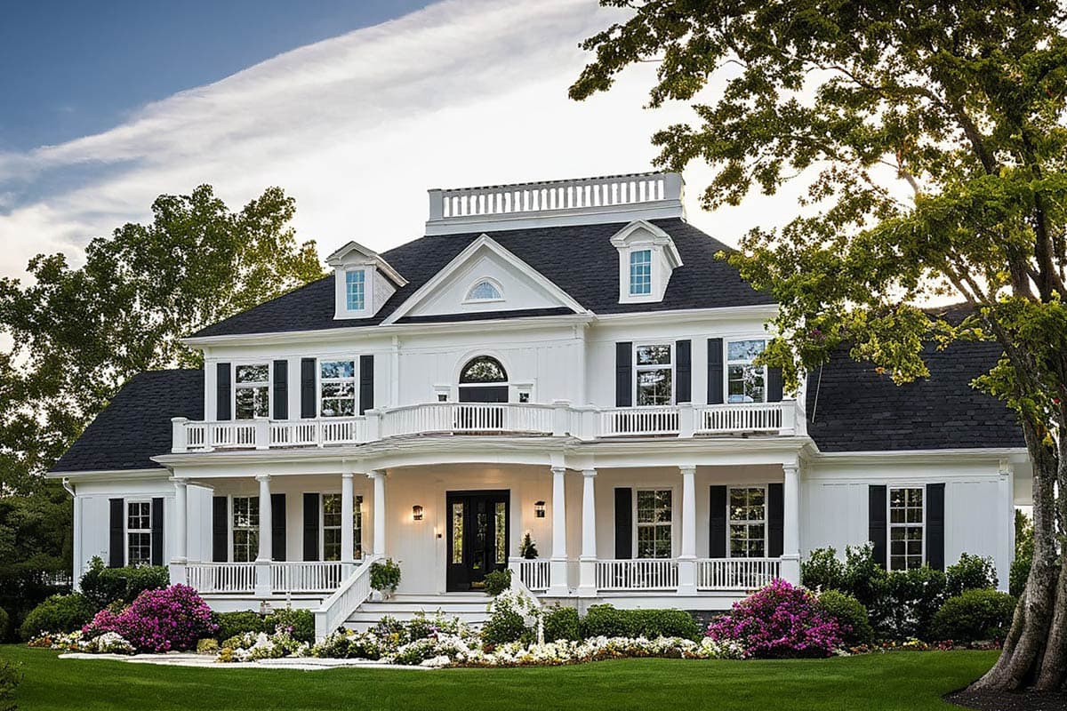 A large, elegant white house with a black roof, multiple balconies, and a manicured lawn. Lush landscaping surrounds the porch and flower beds.
