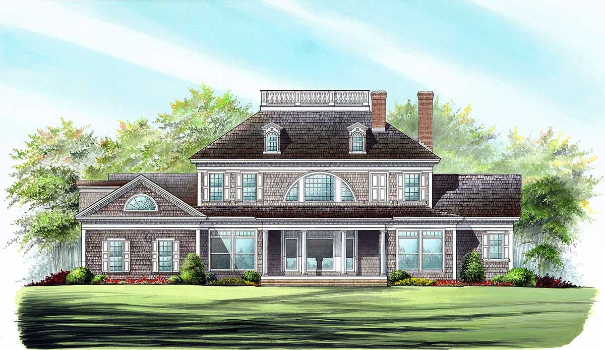 House plan exterior: Two-story residence with a gambrel roof, arched windows, dormers, and a covered porch with columns.
