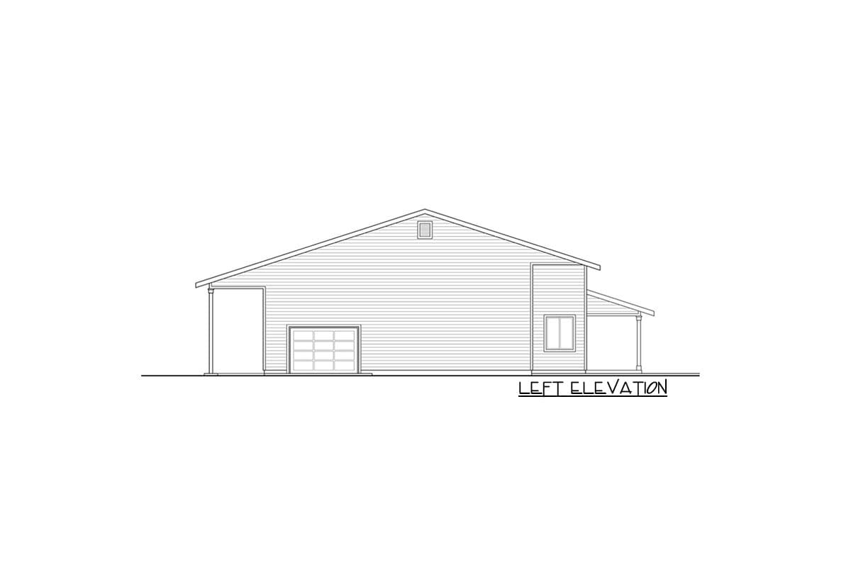 Left elevation of a house plan showing a gabled roof, a garage door, and a covered porch.