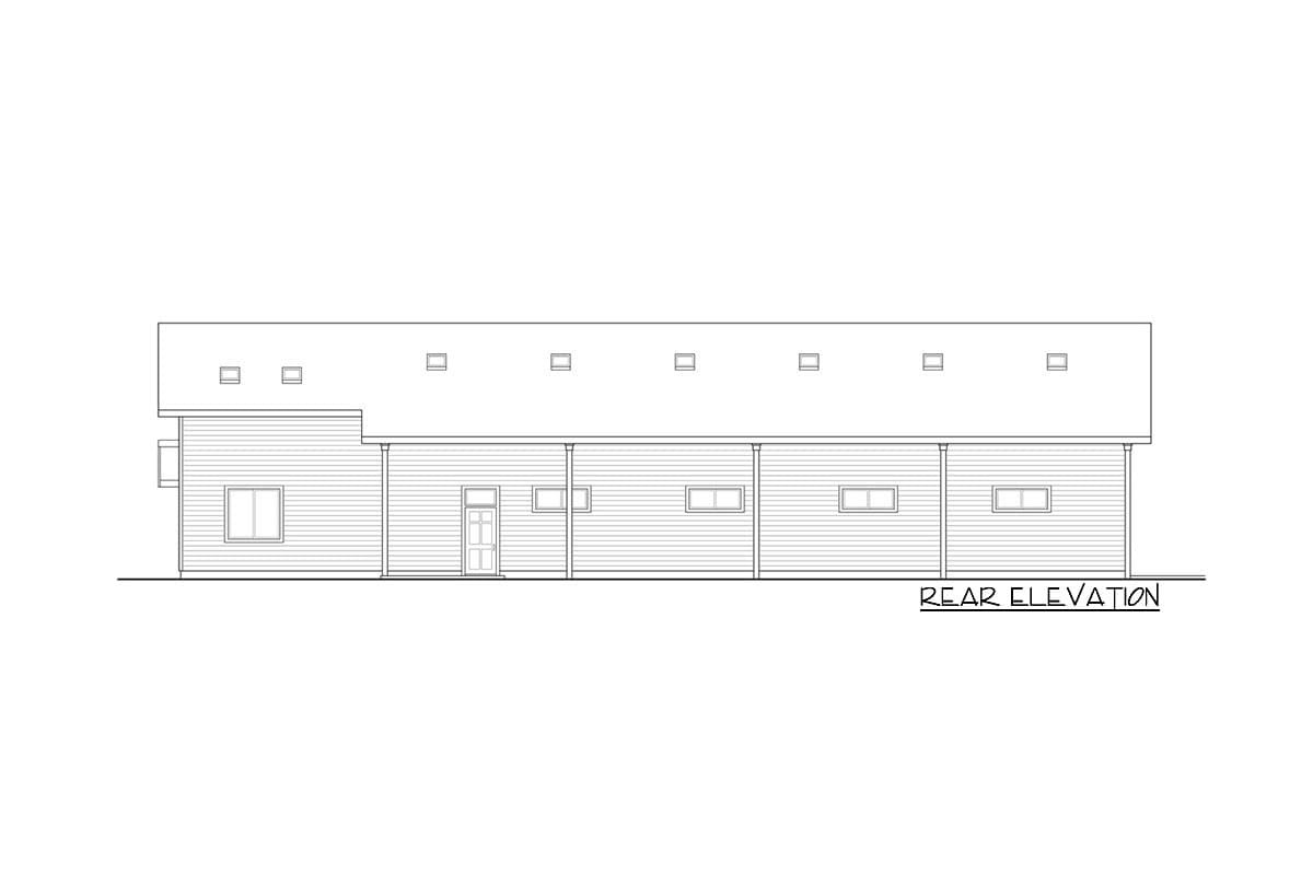 Rear elevation drawing of a one-story house plan with a covered porch supported by columns, multiple windows, and a central door.