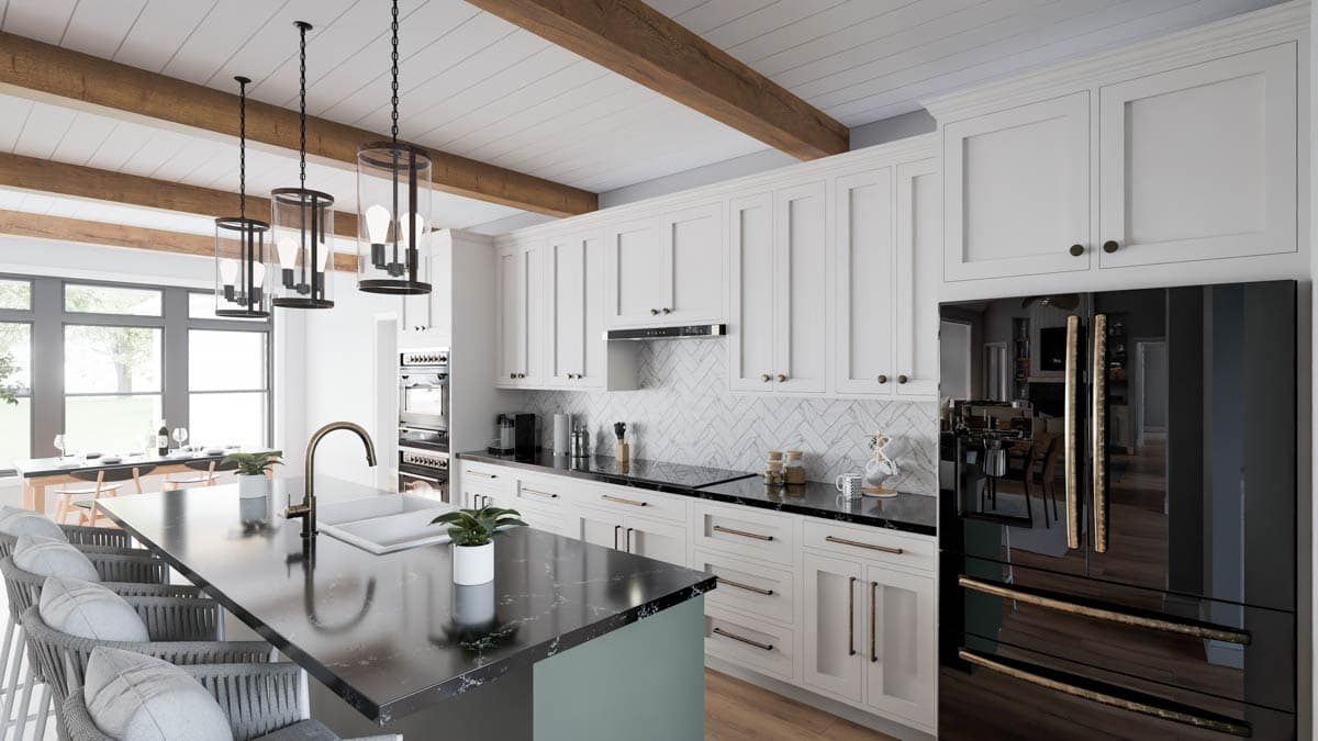 Kitchen with white cabinets, dark stone island with seating, modern pendant lights, and exposed wood beams.