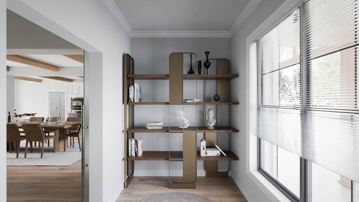 Interior rendering of a dining area with beamed ceiling and a contemporary shelving unit with books and decor.