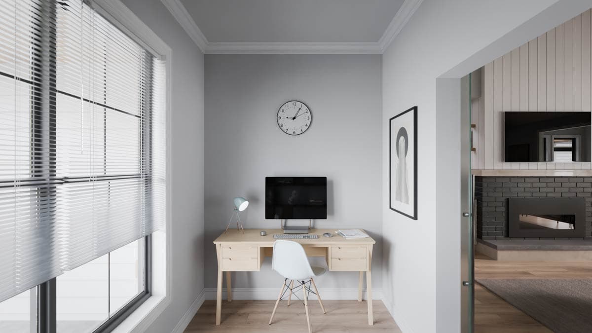 Interior rendering of a home office with desk, computer, chair, and blinds on a large window. Adjacent room features fireplace.