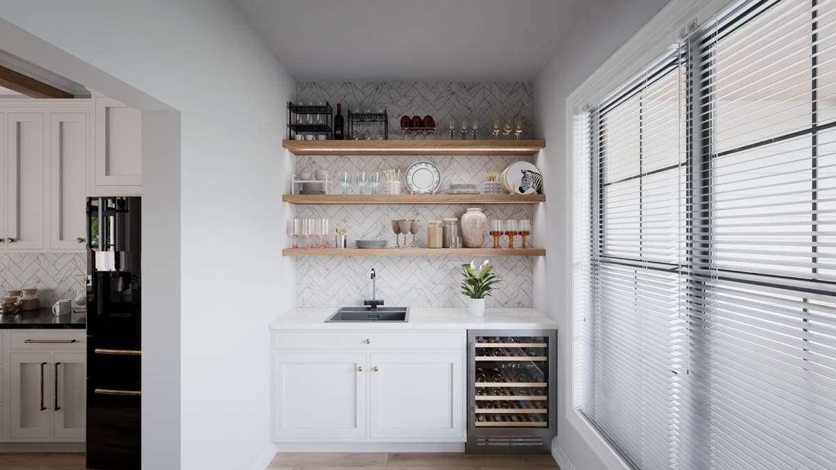 Wet bar with white cabinetry, undermount sink, wine fridge, open shelving, and marble tile backsplash.