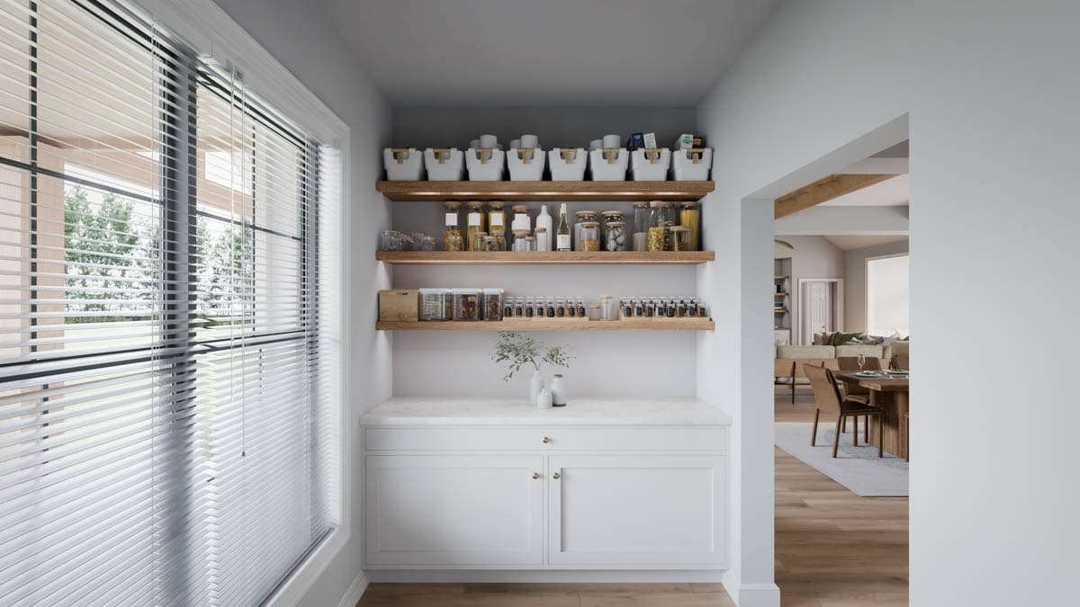 Pantry with three open wood shelves holding containers and jars, white cabinetry, and a marble countertop.