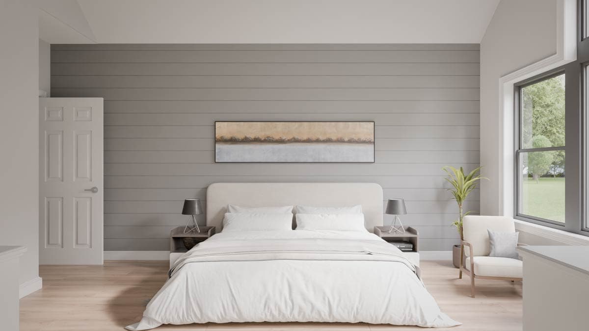 Bedroom interior rendering with shiplap accent wall, king bed, and large window overlooking a yard.