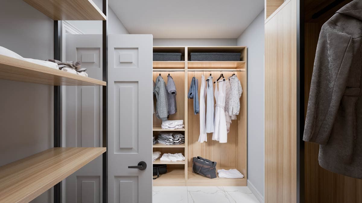 Walk-in closet with open shelving, hanging rod, and paneled door.