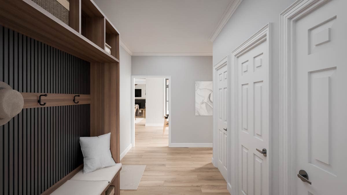 Interior hall rendering with built-in wood bench, coat hooks, and paneled doors. Open doorway reveals living area.
