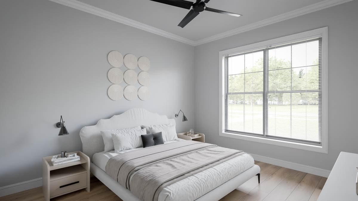 Interior rendering of a bedroom with a queen-size bed, two nightstands, and a large window. Ceiling fan overhead.