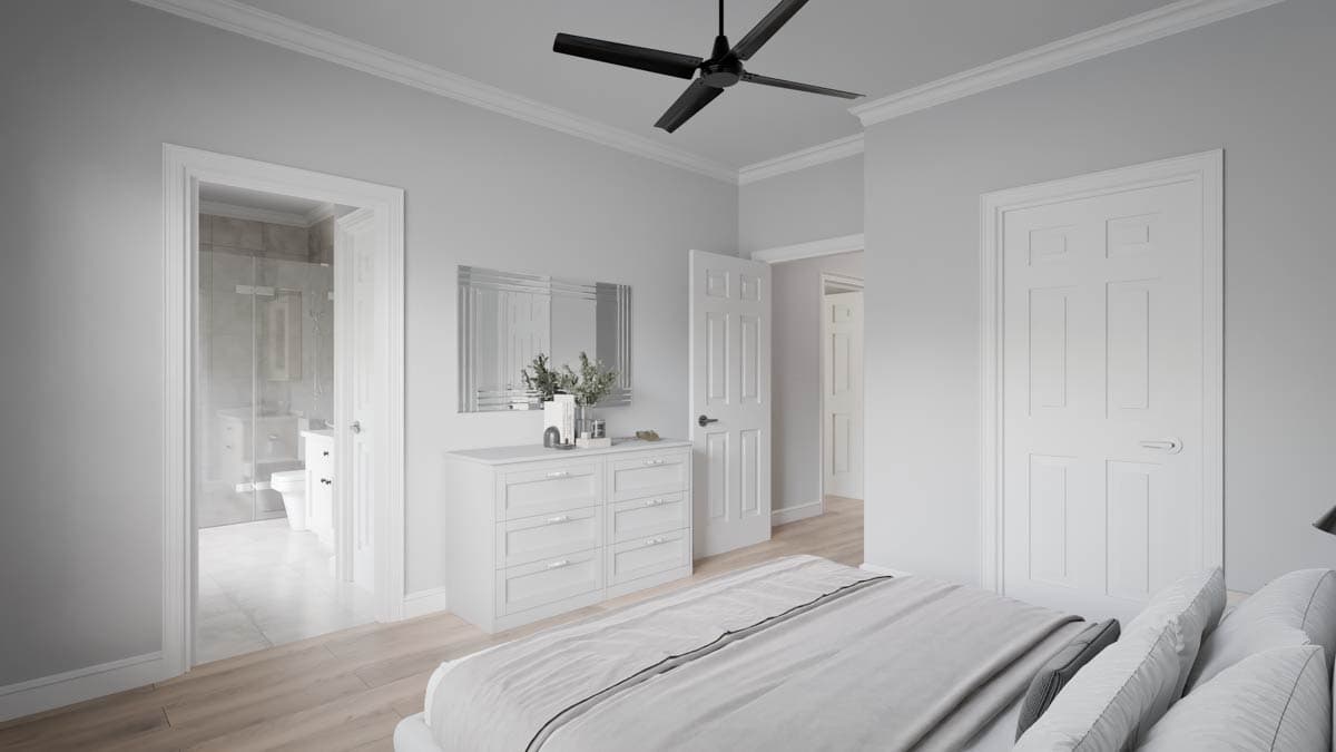 Interior rendering of a bedroom with view into an adjacent bathroom. Features include a dresser, ceiling fan, and paneled doors.