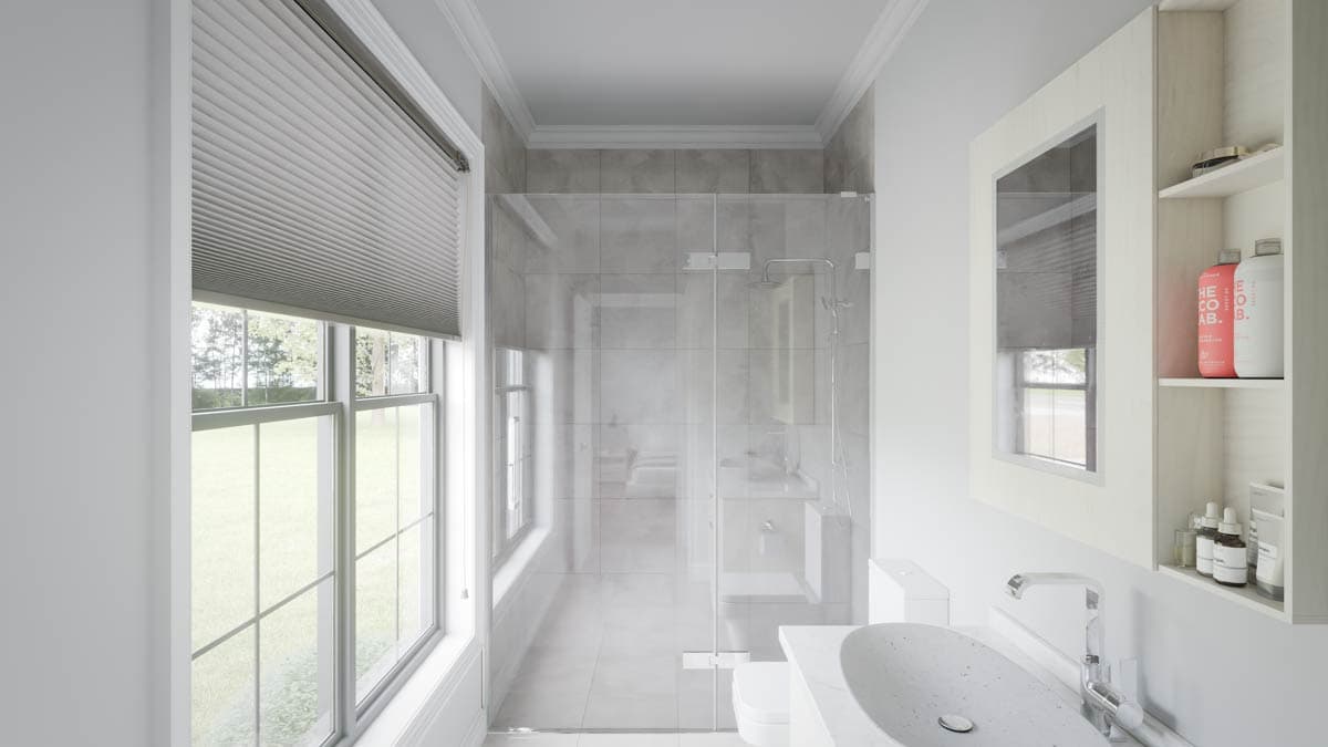 Modern bathroom rendering with glass-enclosed shower, vessel sink, and window blinds.