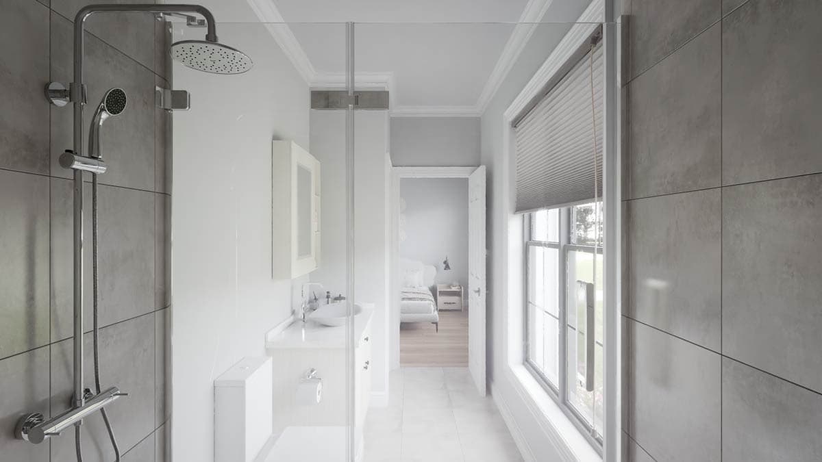 Bathroom interior rendering with walk-in shower, vanity with sink, and view into bedroom. Gray tile walls.