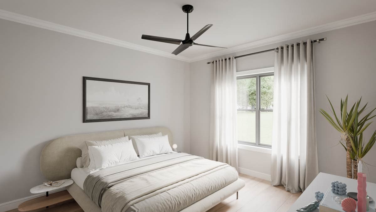 Bedroom rendering with a king bed, ceiling fan, large window, and artwork.