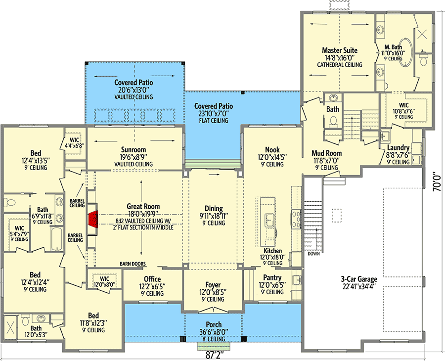 Plan 911011JVD: 4-Bed Modern Farmhouse House Plan with Home Office - 3345 Sq Ft - Floor Plan - Main Level - Country, Craftsman, Modern Farmhouse, Traditional